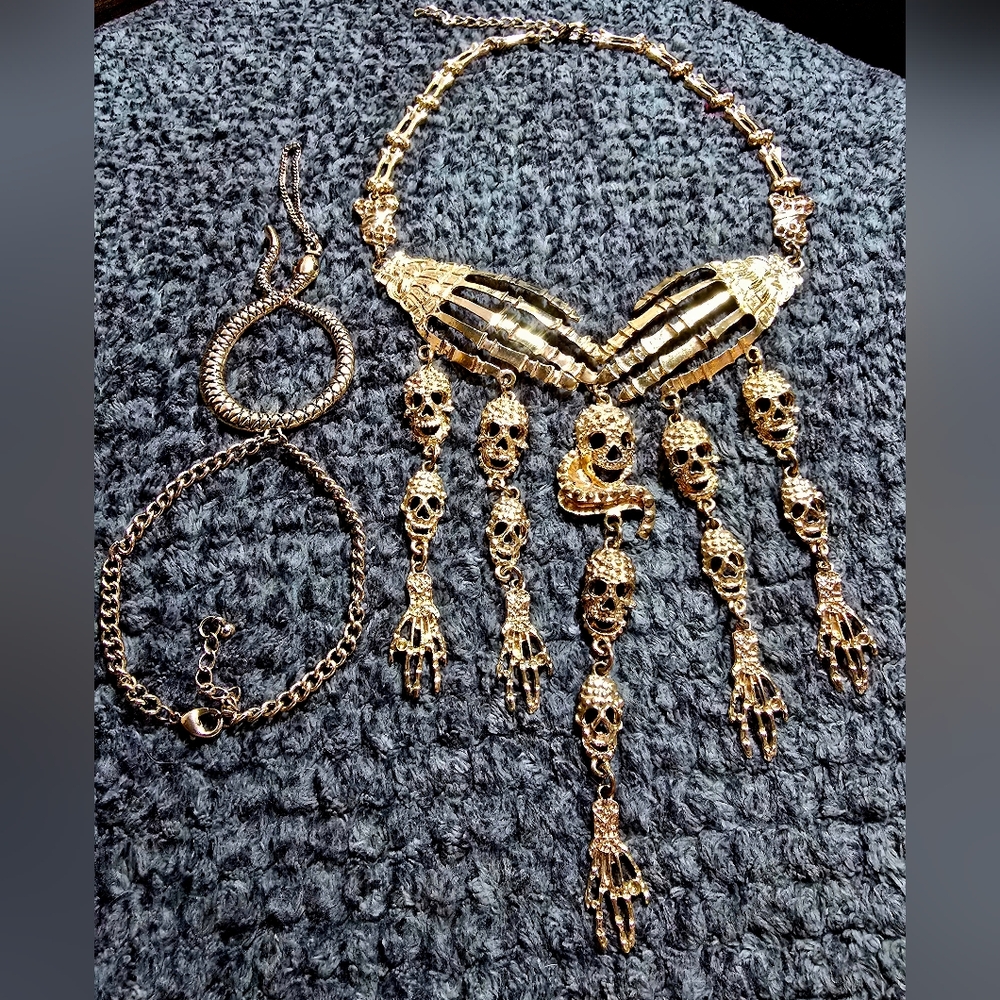 Gold Skeleton Hand Skull Gothic Punk Statement Necklace W/Snake Pendant Bracelet
